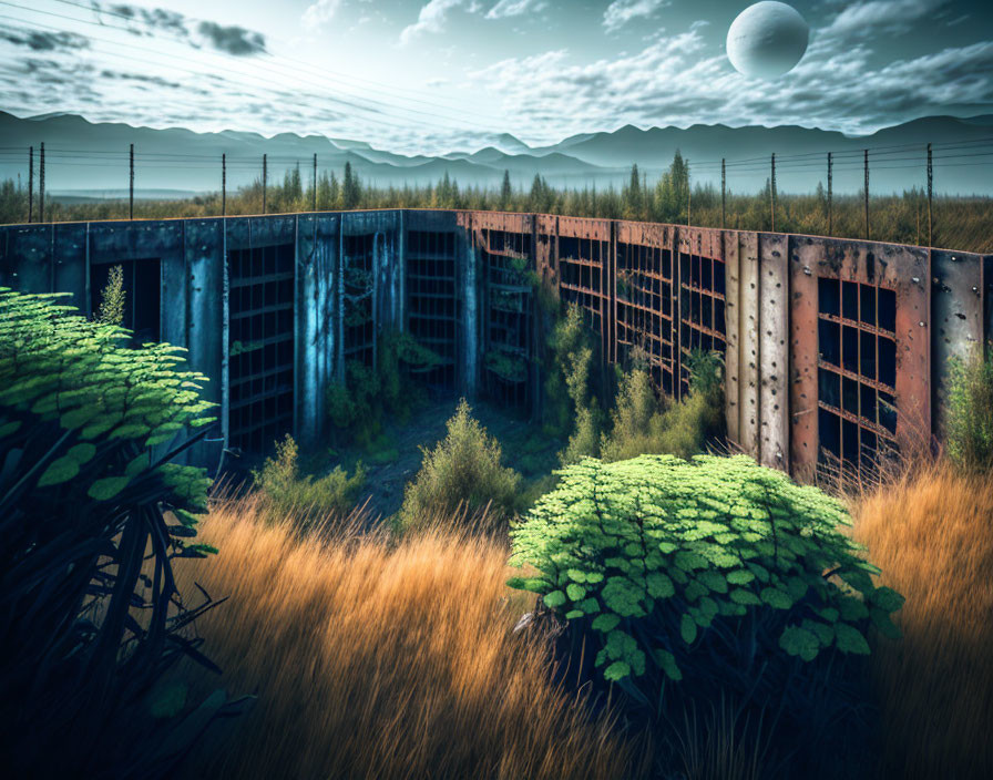 Dystopian landscape with overgrown ruins and large moon over mountains