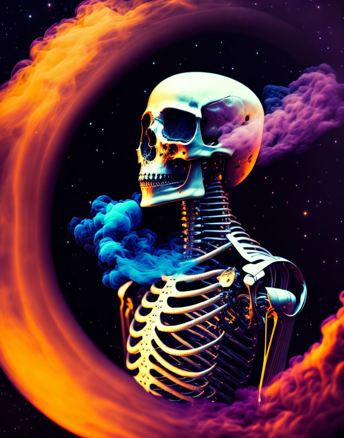 Human skull on skeletal figure in cosmic scene with swirling nebulous clouds.