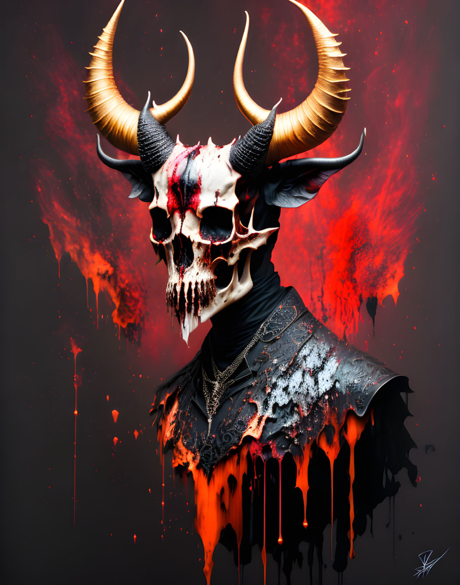 Stylized skull with curved horns, red splatter effects, chains, and tattered cloak on