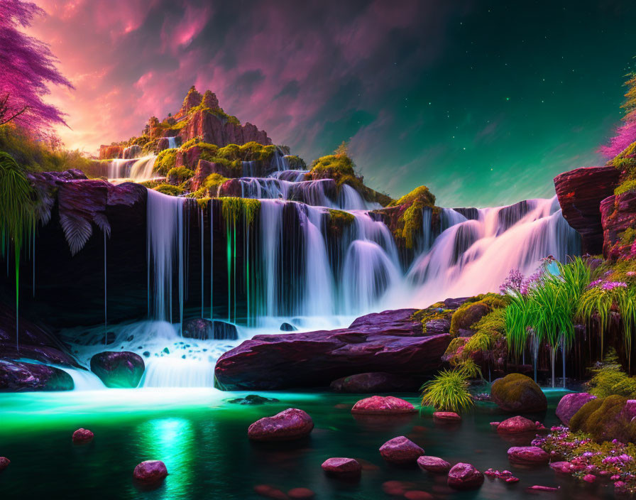 Majestic waterfall over mossy rocks under a starry purple sky