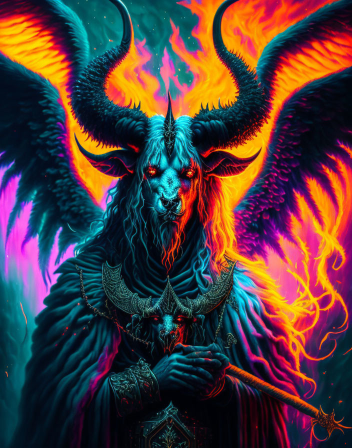 Detailed Illustration of Demonic Figure with Glowing Blue Eyes and Fiery Wings