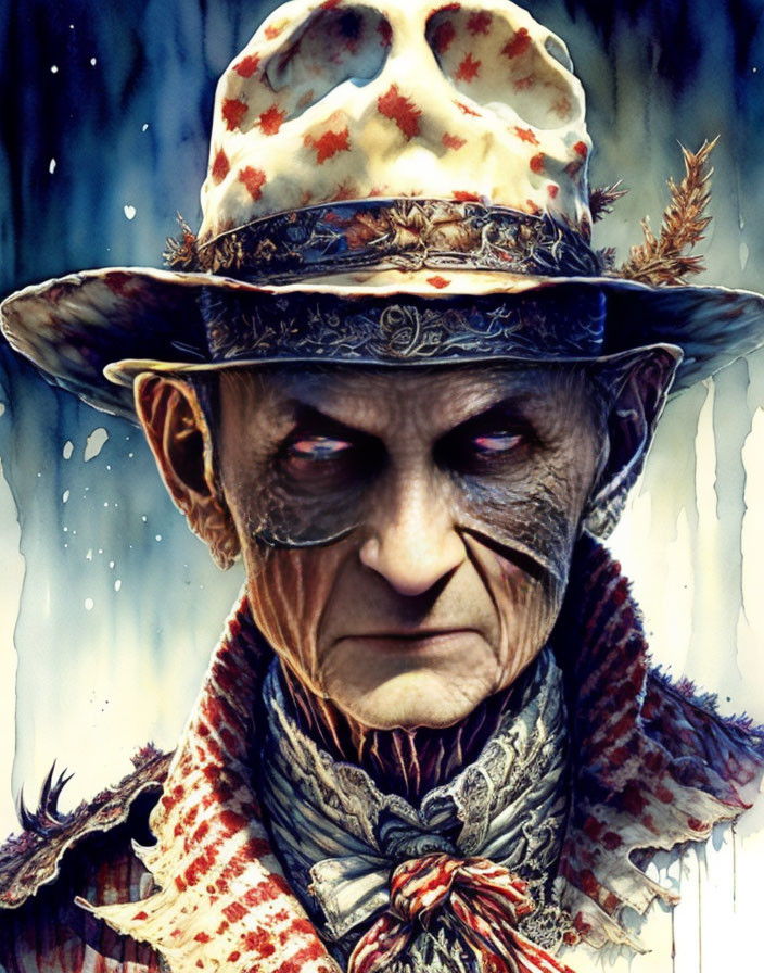 Illustration of stern elderly man in blood-splattered fedora and scarf.