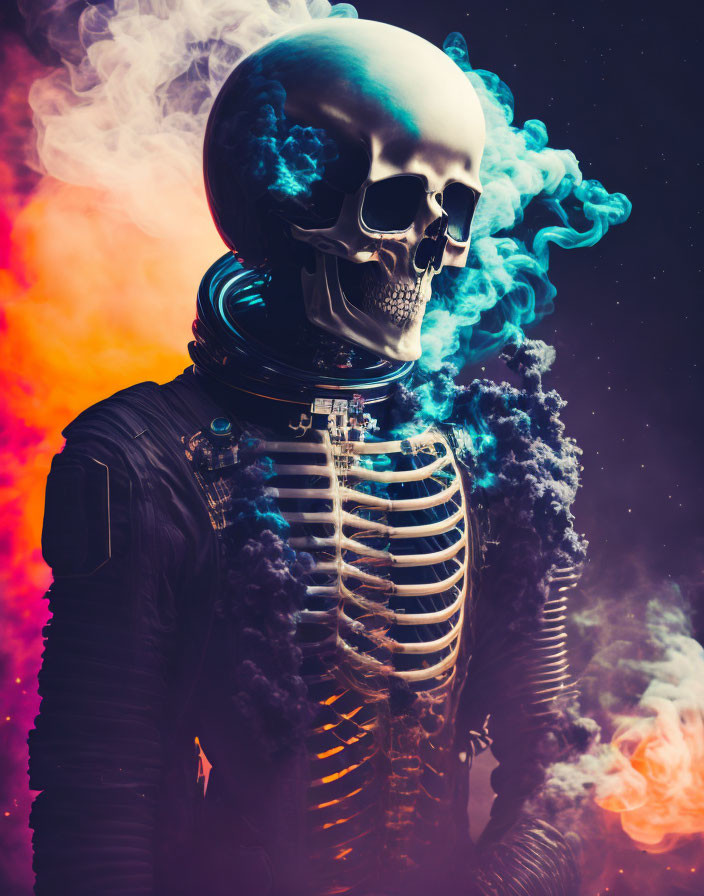 Skull and Ribcage Silhouette with Swirling Smoke on Dark Background