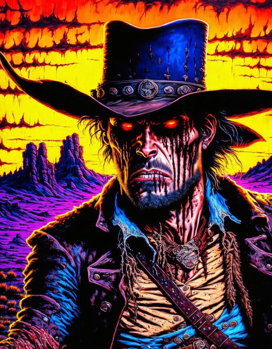 Menacing Undead Cowboy with Glowing Eyes in Fiery Sunset Scene