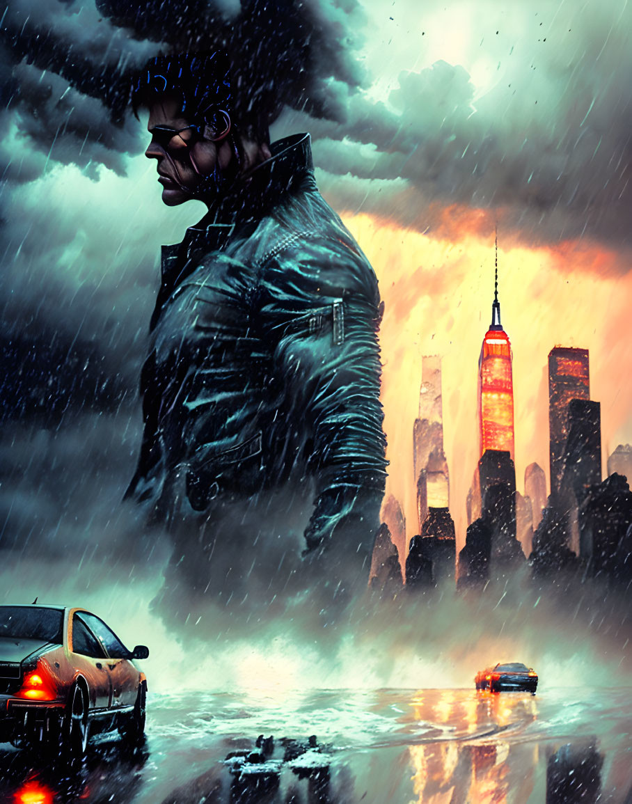 Man in leather jacket gazes at stormy cityscape with rain-soaked streets and glowing buildings.