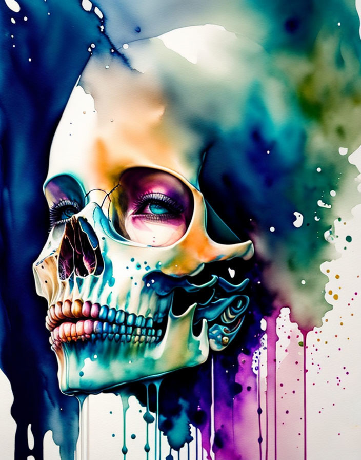 Colorful Skull Artwork with Ink Drips and Watercolor Background