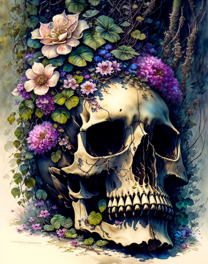 Detailed illustration of human skull with lush flora, vines, leaves, and flowers.