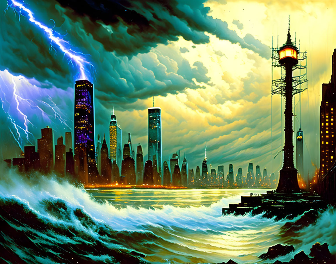 Futuristic city skyline at sunset with stormy ocean and lightning strike