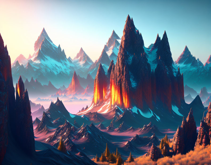 Vibrant digital artwork: surreal mountain range with glowing lava-like peaks