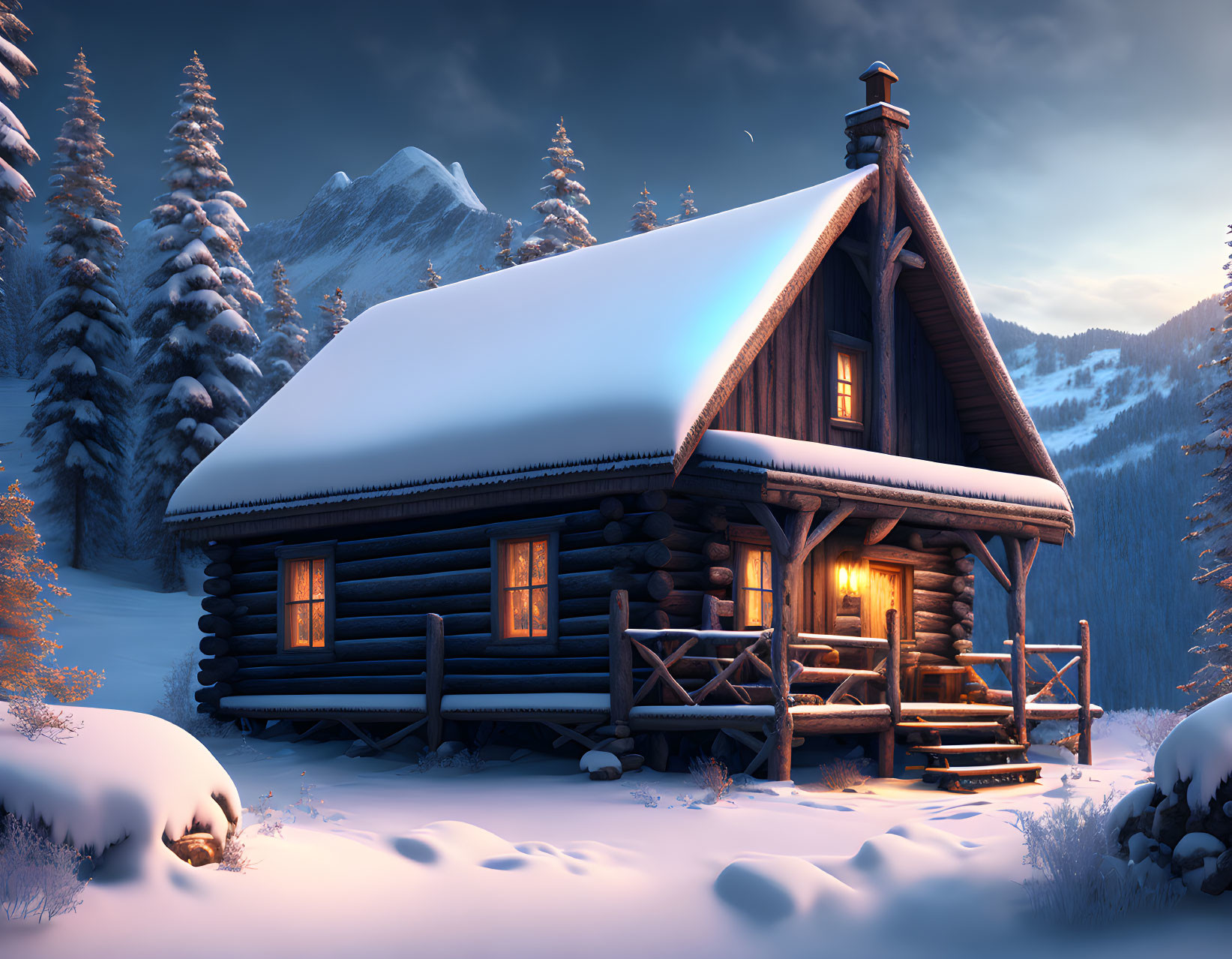 Snowy landscape: Cozy log cabin with glowing windows in twilight