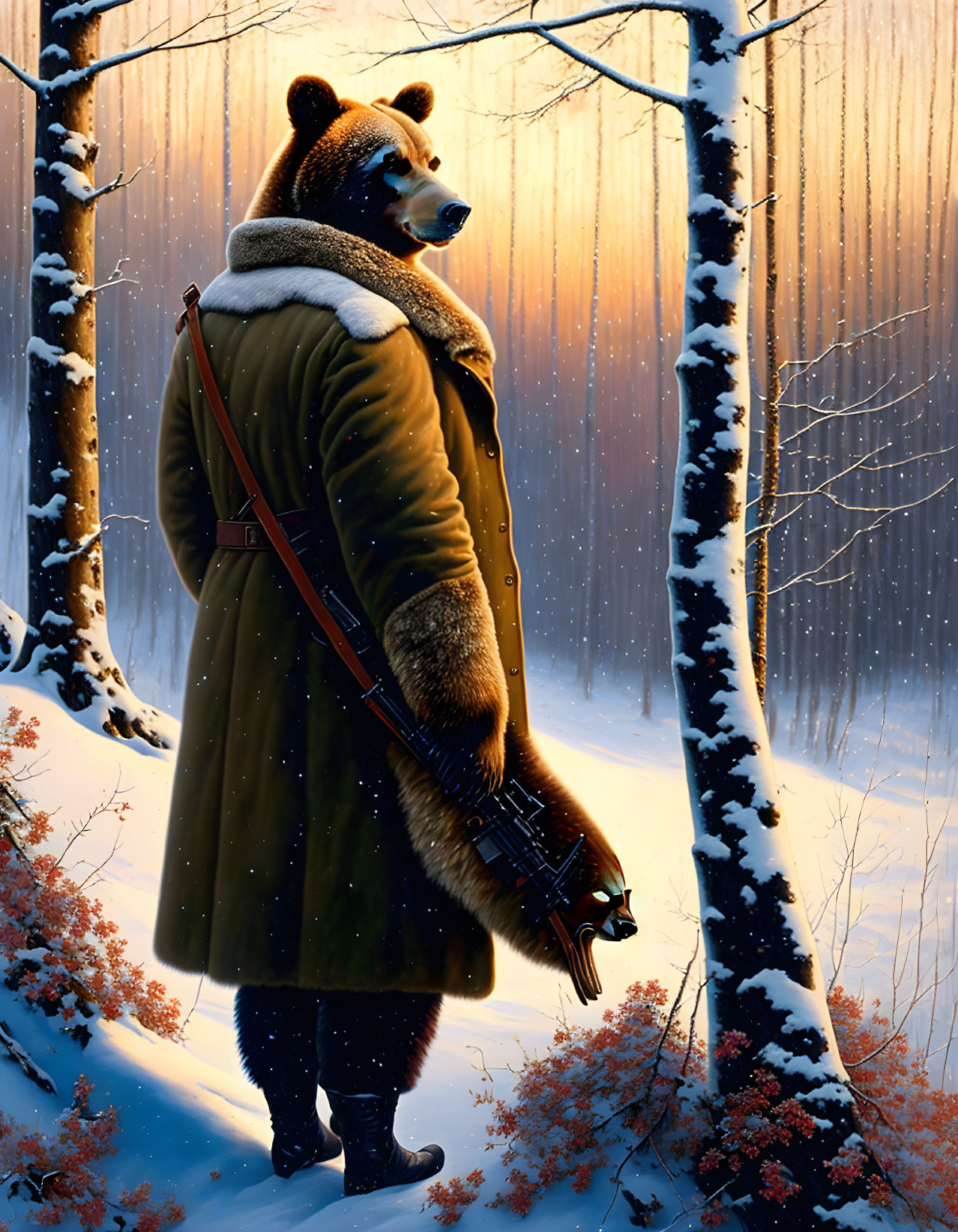 Anthropomorphic bear in green coat with rifle in snowy forest at sunset