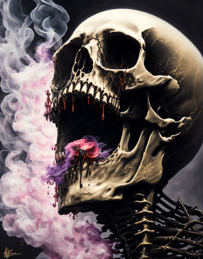 Vivid purple and pink skull digital artwork with swirling smoke and decay elements