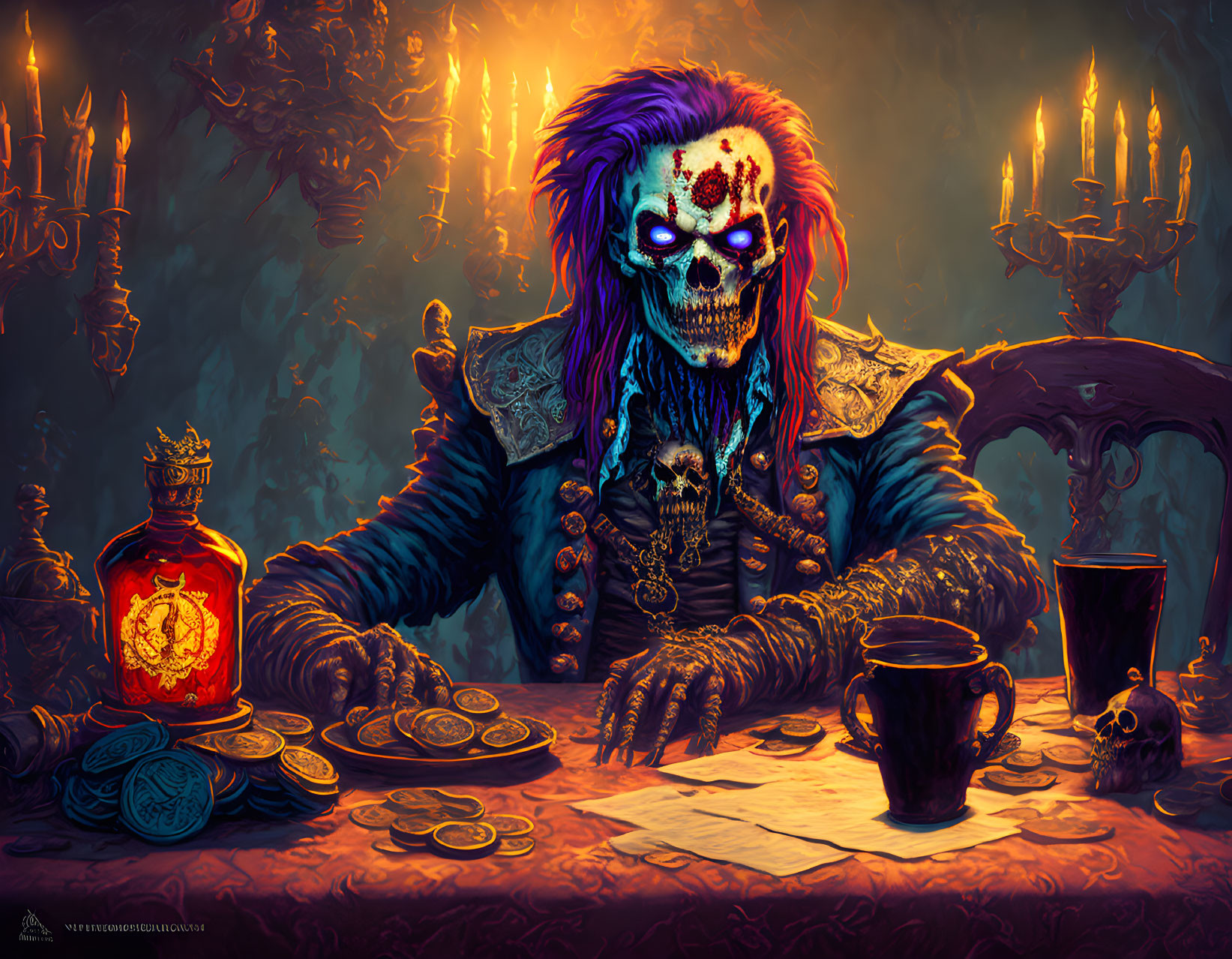 Detailed skeletal pirate artwork with map, gold coins, wax-sealed bottle, cup, and candles in