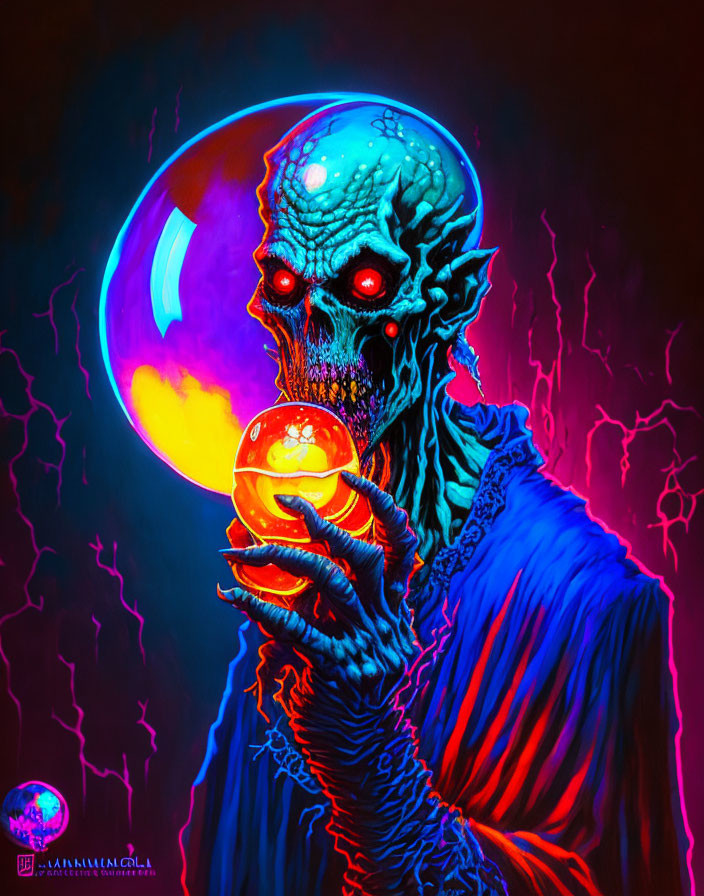 Colorful digital artwork of skeletal figure with glowing orbs and neon lightning