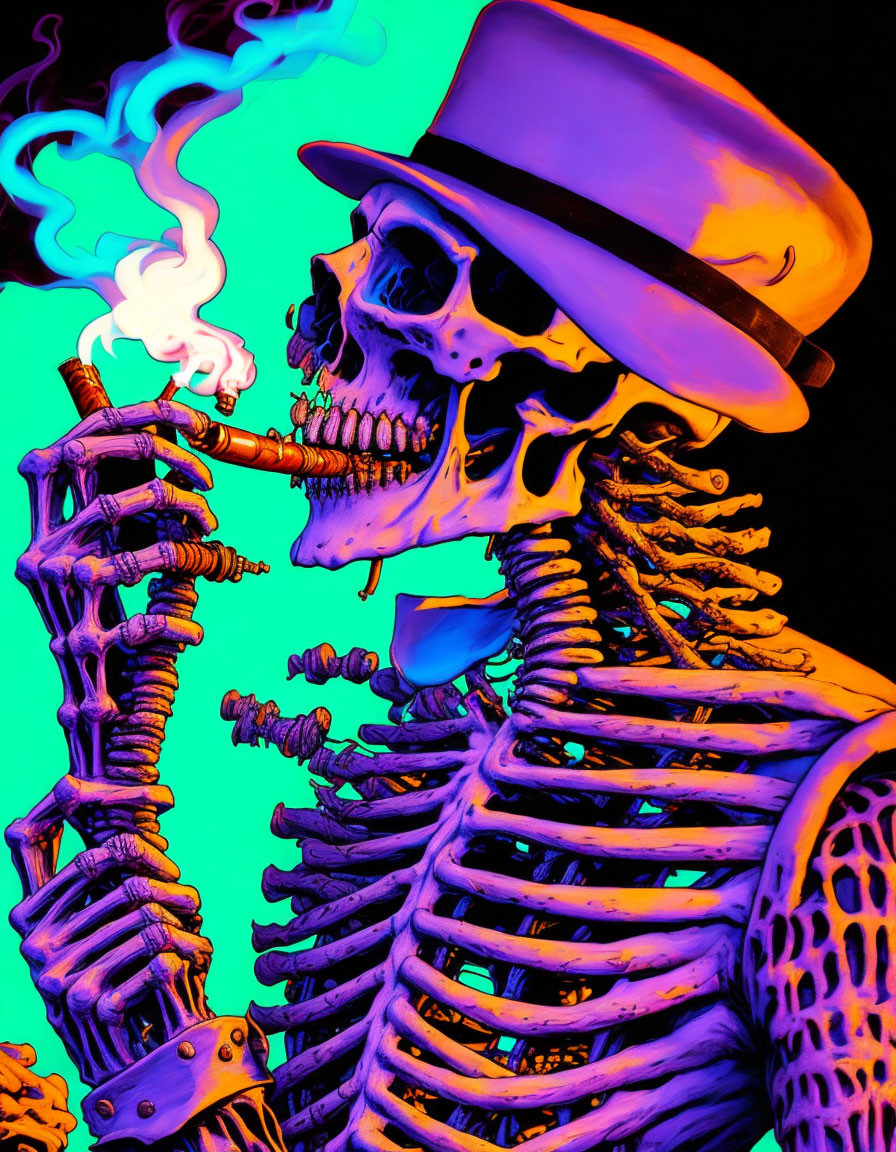 Colorful Skeleton in Top Hat Smoking Pipe on Neon Background