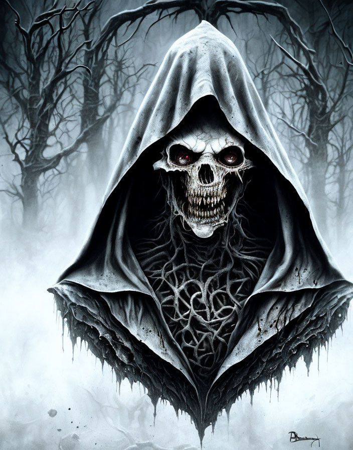 Spooky skeletal figure in tattered cloak with red eyes in misty forest