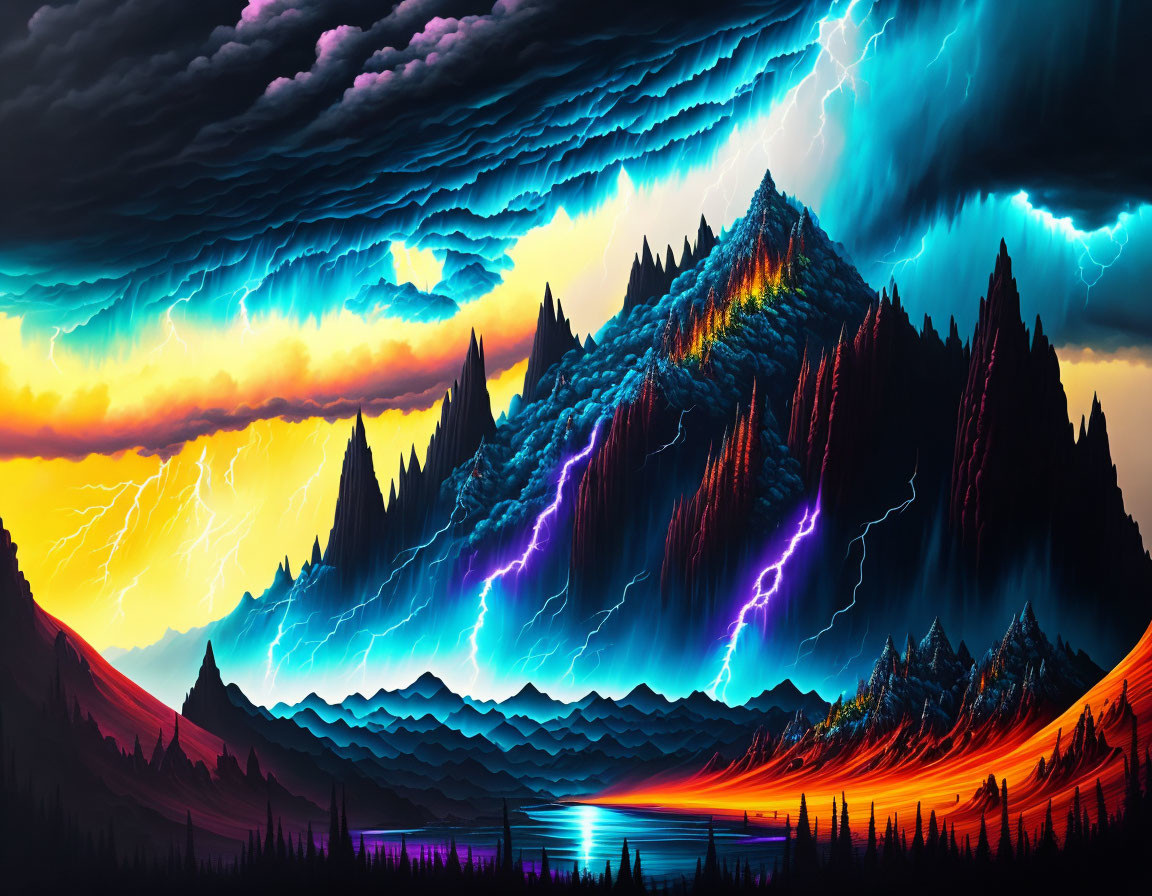 Dramatic landscape with jagged mountains and lightning strikes