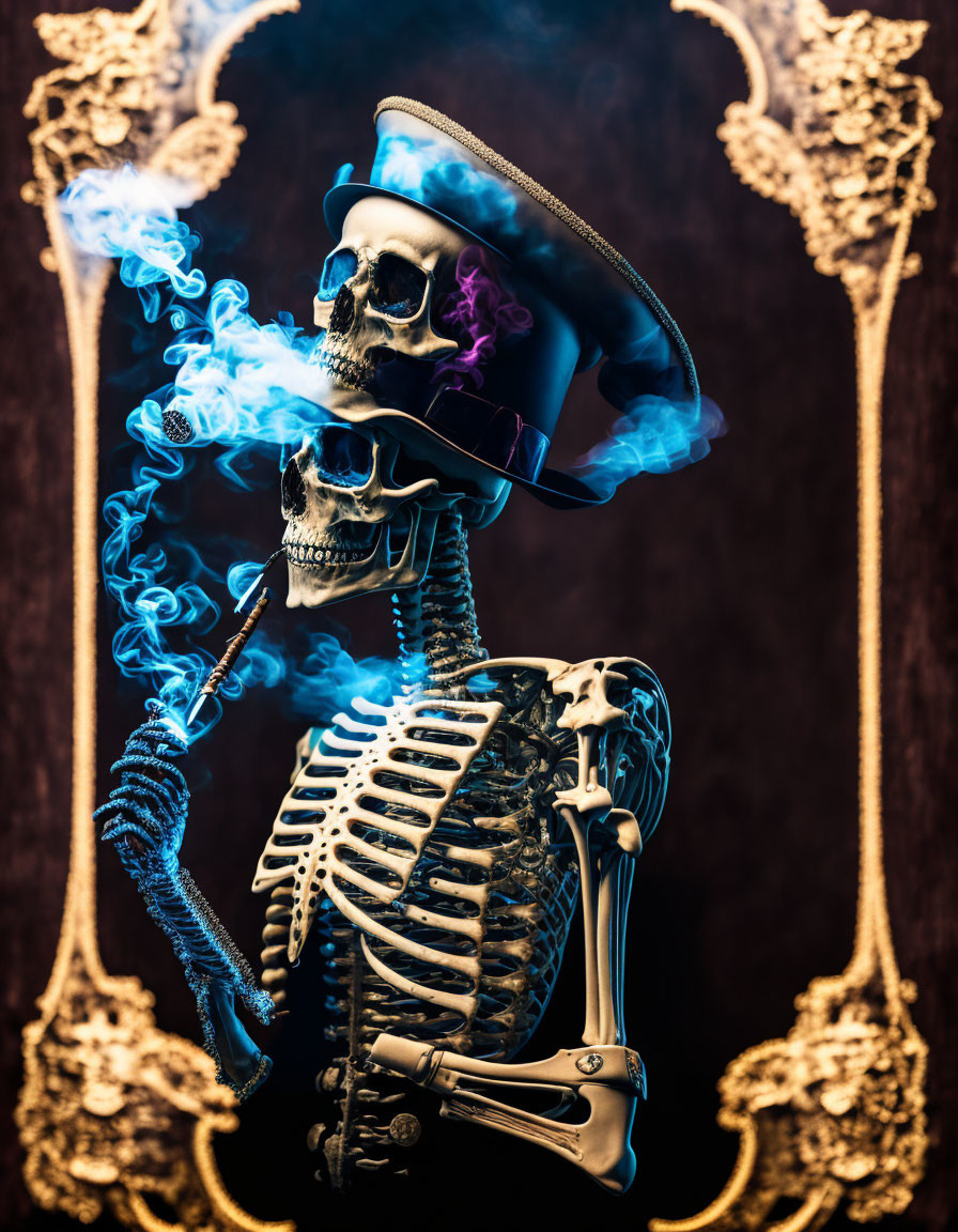 Skeleton in Hat Exhaling Blue Smoke on Ornate Golden Frames