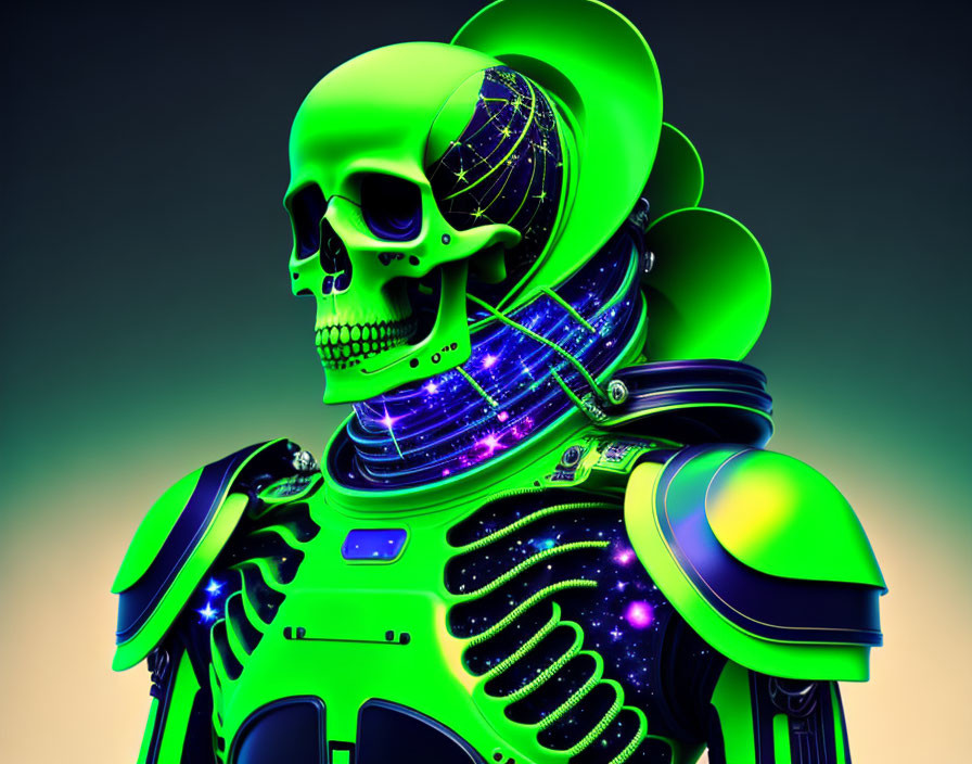 Neon green illuminated skeleton in futuristic space suit on gradient background