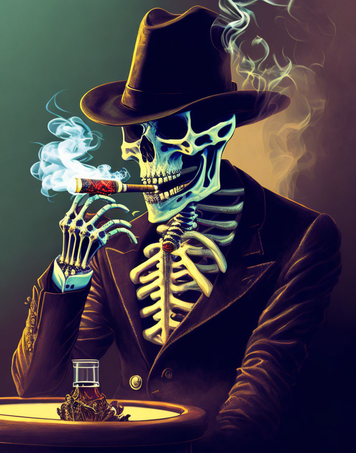 Skeleton in Suit and Fedora Smoking Cigar Beside Whiskey Glass