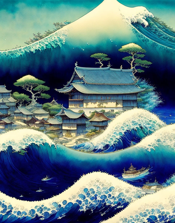 Japanese-style Artwork: Ocean Waves, Village, Pine Trees & Mountains