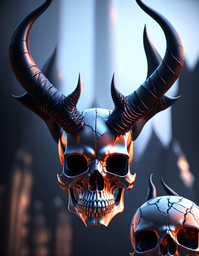 Digital artwork of glossy black skull with twisted horns on dark background