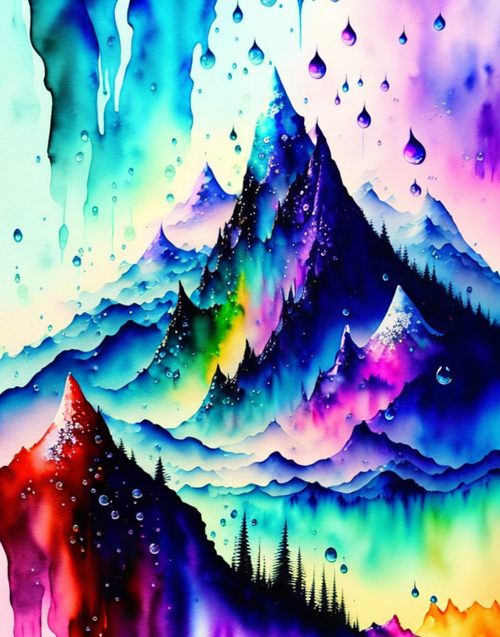 Colorful Watercolor Painting of Mountain Landscape with Abstract Style