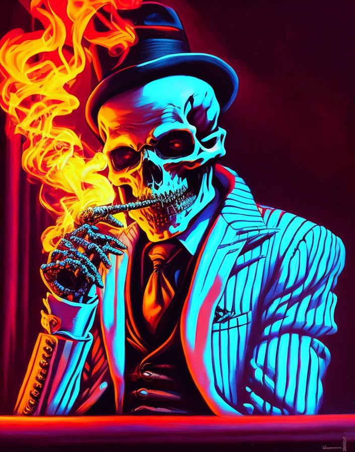 Vibrant skeletal figure in suit and top hat smoking cigar on red and purple backdrop