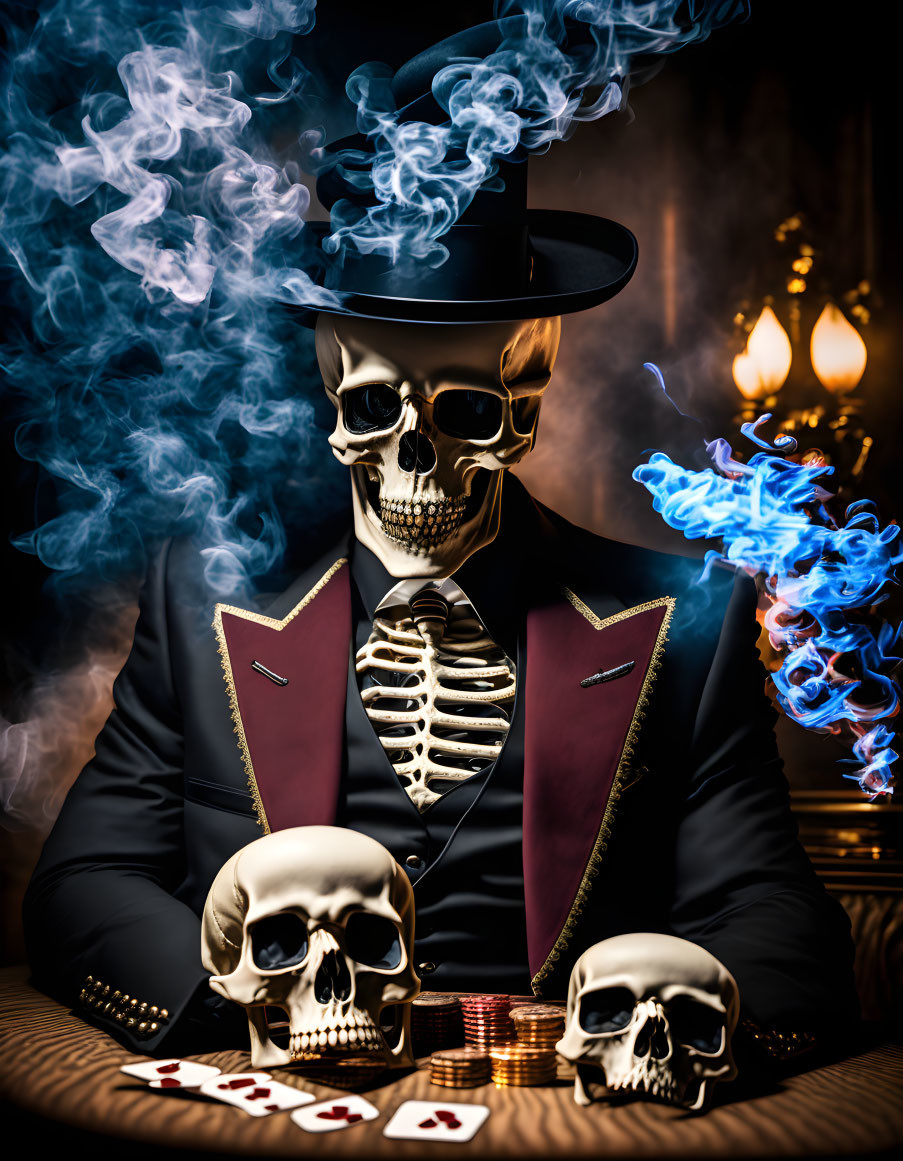 Skeleton in suit and top hat at poker table with chips, cards, smoke, and skulls