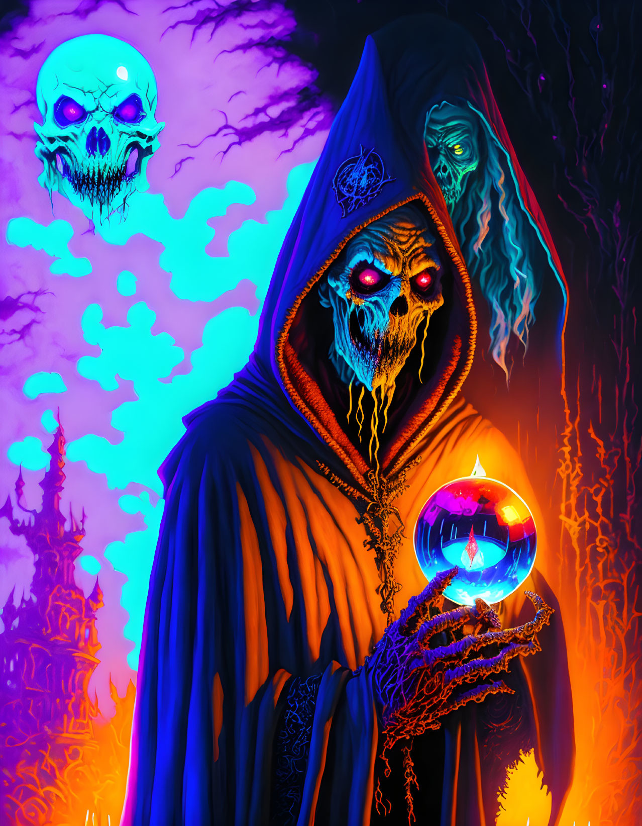 Mystical figure with glowing orb, spectral skull, and eerie trees in neon-lit scene