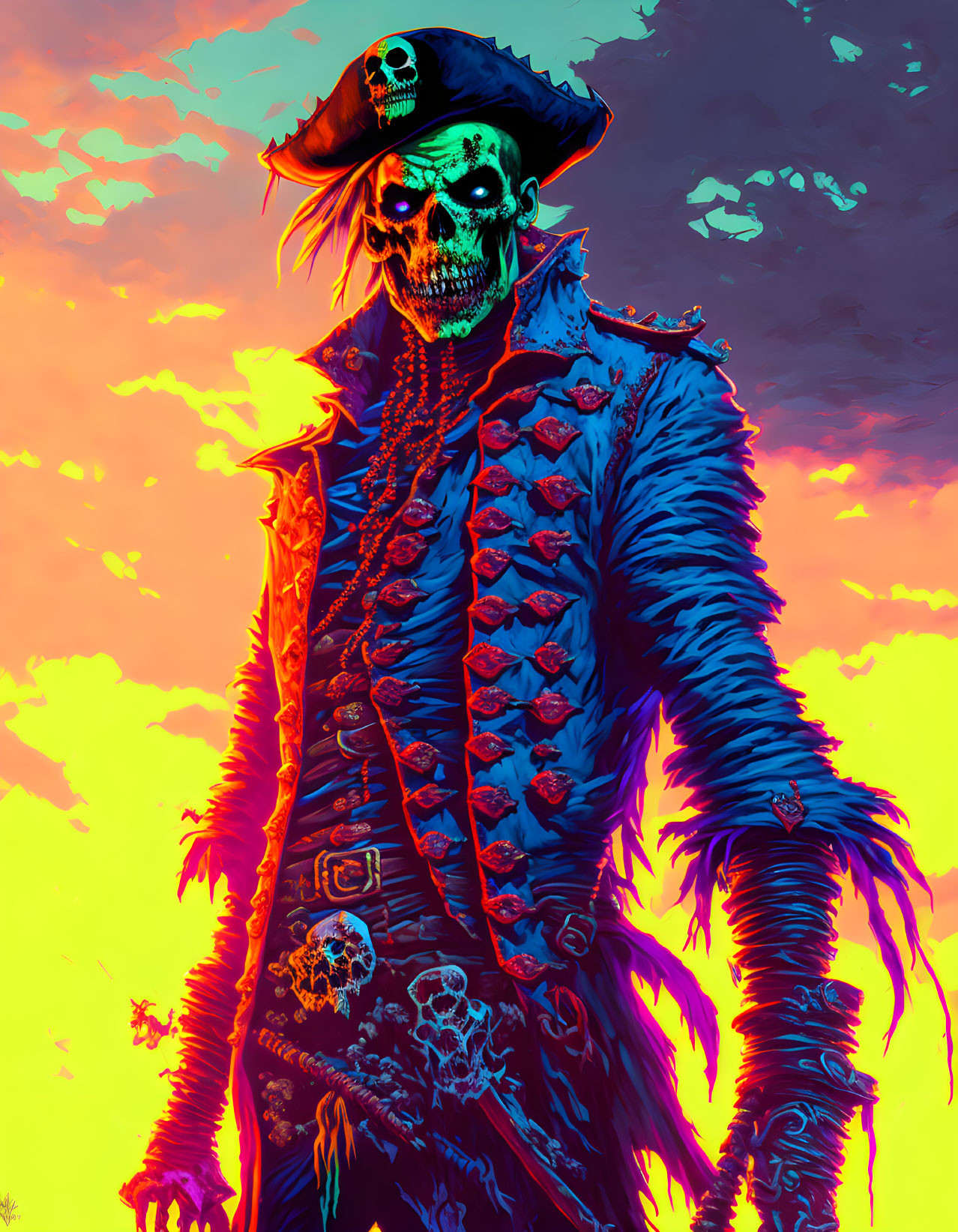 Skeletal pirate in hat and coat against fiery sky