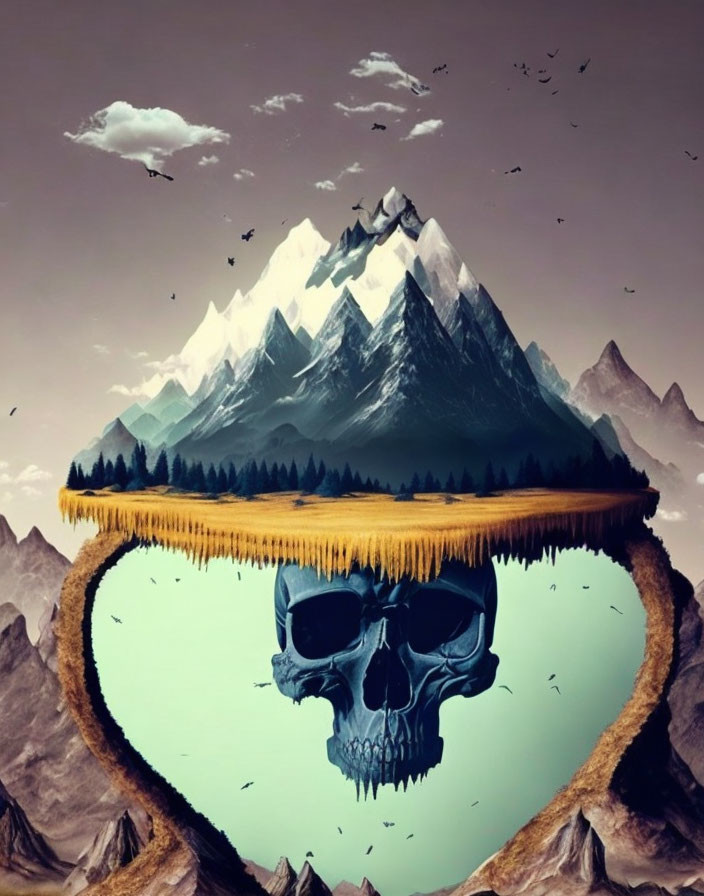 Surreal landscape with skull-shaped island and birds in dusky sky