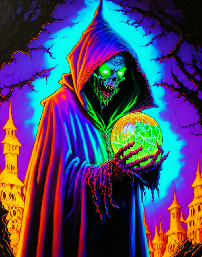 Digital artwork: Hooded figure with glowing green eyes holding luminous orb against psychedelic castle backdrop