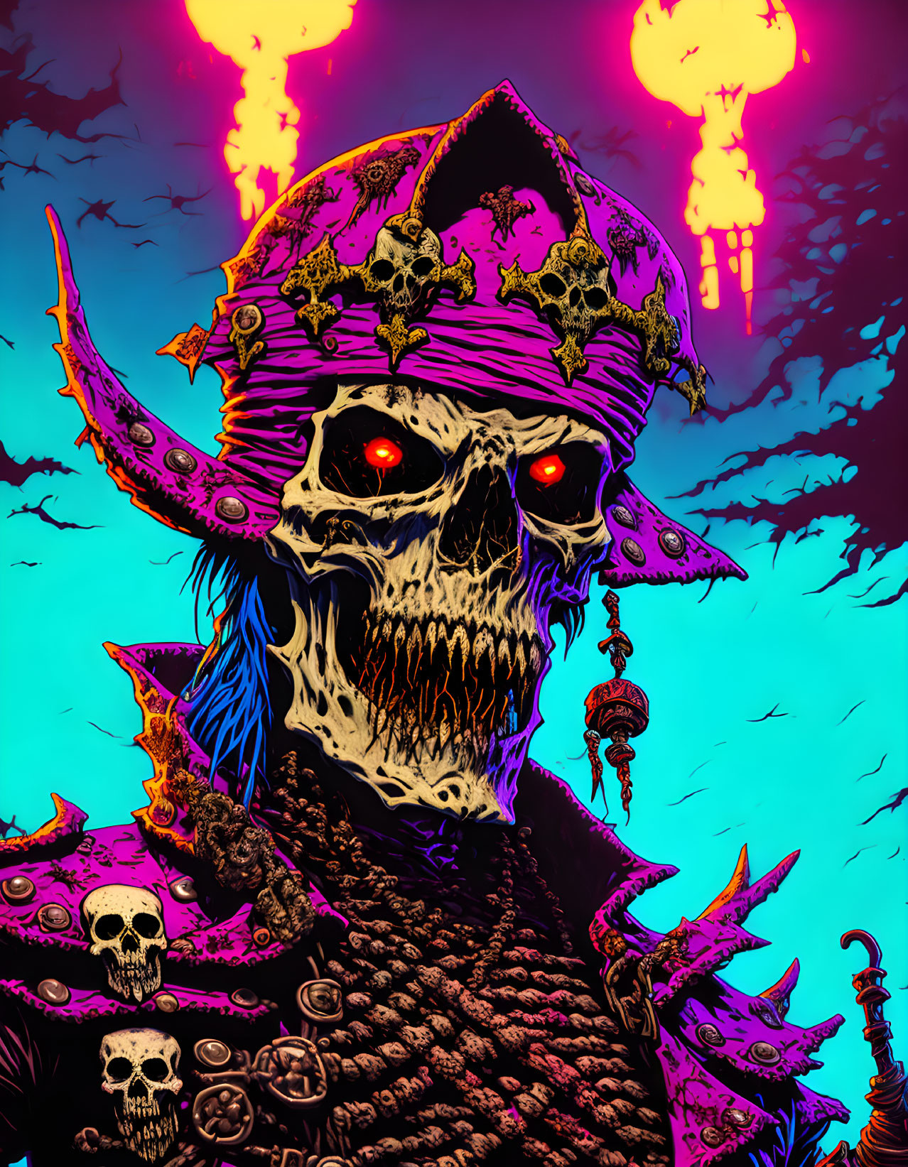 Detailed skeletal figure in spiked helmet and skull armor against neon sky.