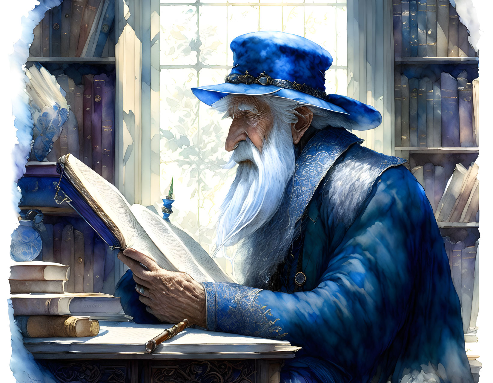 Elderly wizard reading large tome in library with blue robe