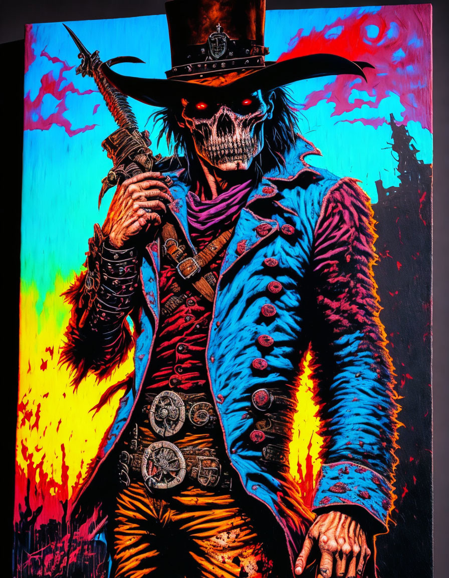 Colorful skeletal figure in top hat and blue coat with sword against fiery background