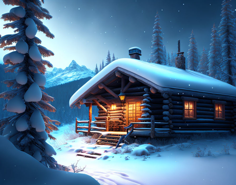 Snowy forest log cabin at twilight with glowing windows