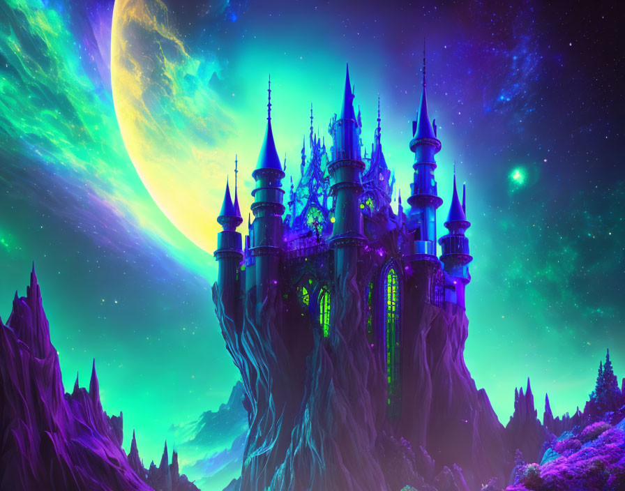 Majestic castle on craggy peak under starry sky with vibrant nebula