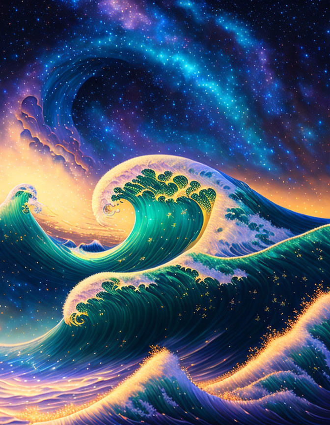 Ocean Wave Artwork with Cosmic Starry Sky Backdrop