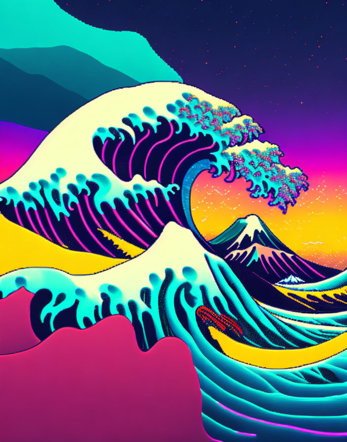 Colorful digital art: Stylized wave, mountain silhouette, starry sky