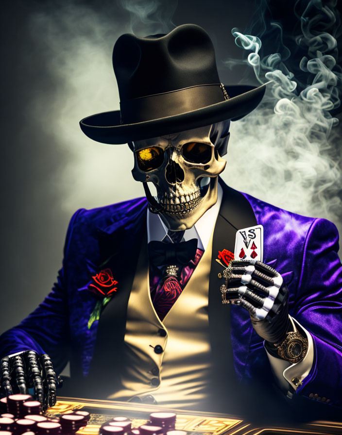 Skeleton in Fedora and Purple Suit Playing Poker with Aces and Chips