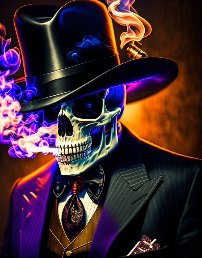 Skull with Top Hat and Suit in Colorful Smoke Effect