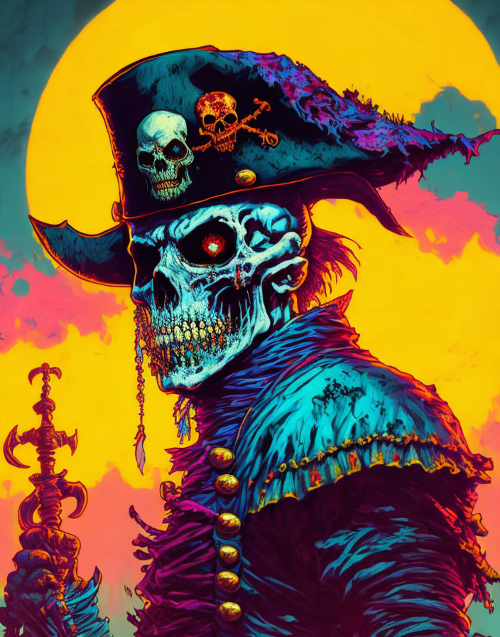 Digital artwork: Skeletal pirate with red-eyed skull, skull-and-crossbones hat, blue coat.