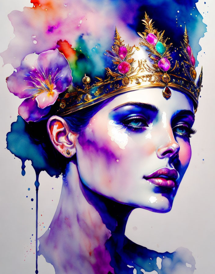 Vibrant watercolor painting of a woman with jeweled crown and floral motif