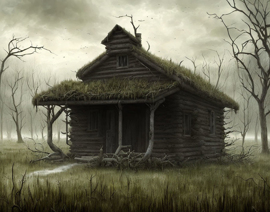 Abandoned wooden cabin with sod roof in gloomy forest landscape