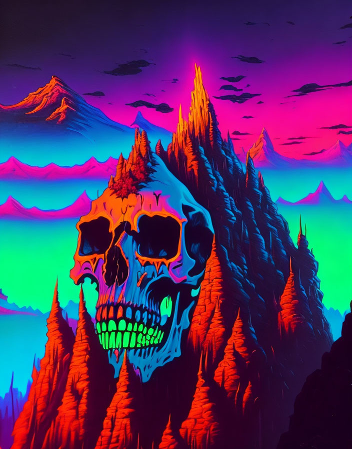 Neon-colored skull over surreal mountain landscape