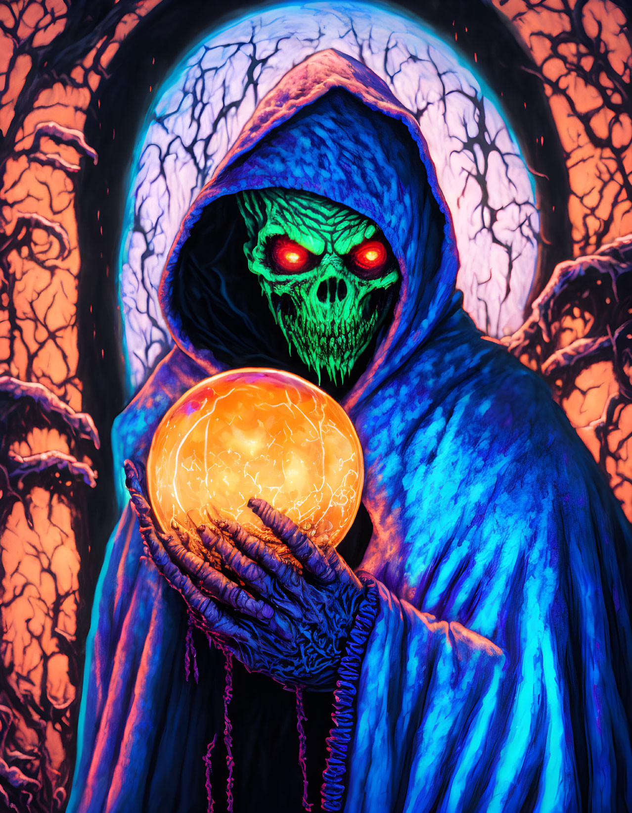 Skeletal figure with glowing red eyes holding orange orb in dark setting