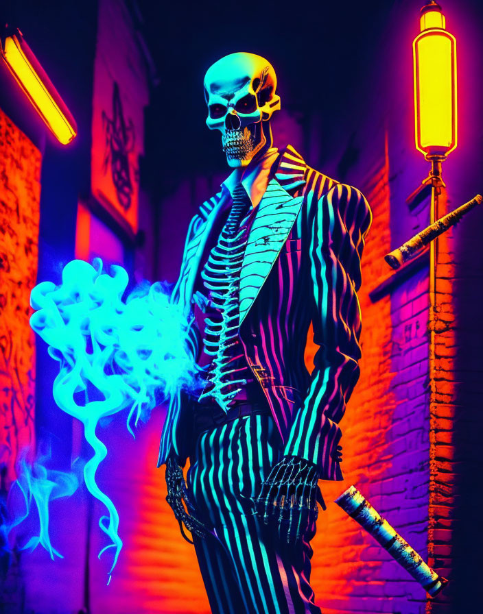 Person in Skeleton Costume with Smoke Prop in Neon Lighting