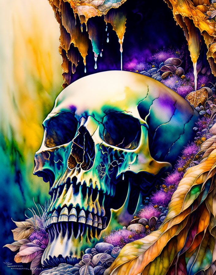 Colorful Skull Artwork with Psychedelic Patterns and Textures