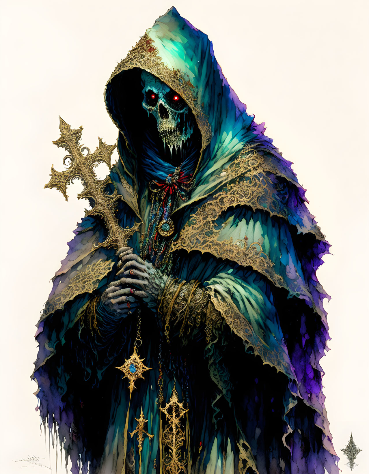 Mystical skeletal figure in blue cloak with gold accents and star-shaped objects